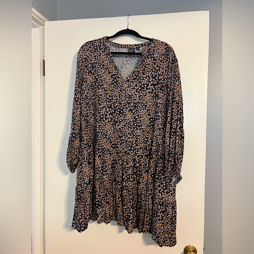 Gap - drop waist, long sleeved, floral mini dress - size XL